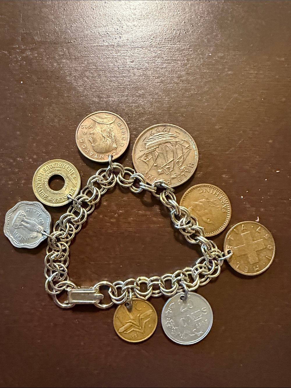 Vintage World Coin Charm Bracelet Travel Keepsake Boho Silver Tone